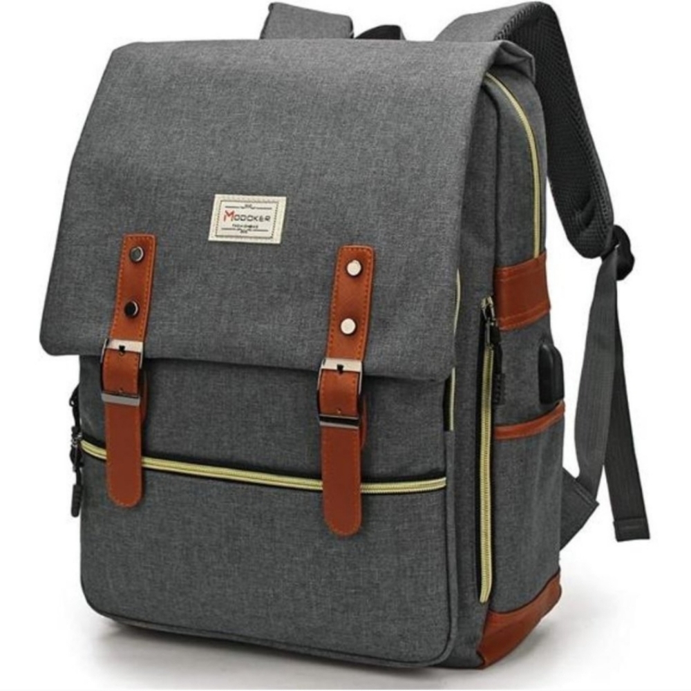 Stylish Gray Canvas Backpack with Brown Accents